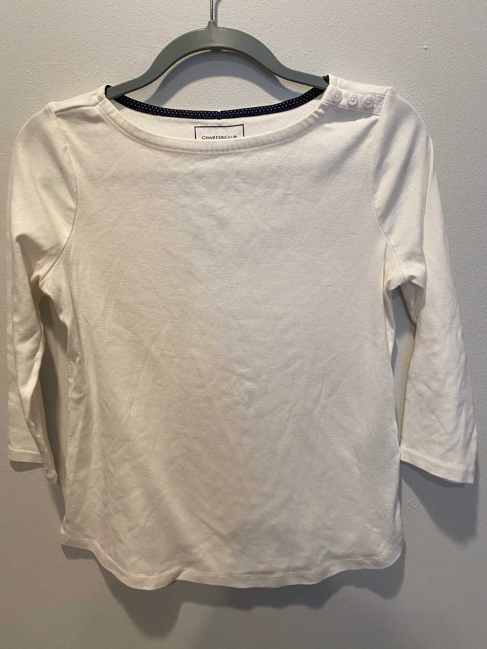 Charter Club White Boatneck Button-Shoulder 3/4 Sleeve Top size PM